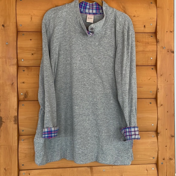 Blair Tops - 🌟 3/$25 Blair Button-neck Sweatshirt with Plaid Flannel Trim & Side Pockets. Lg